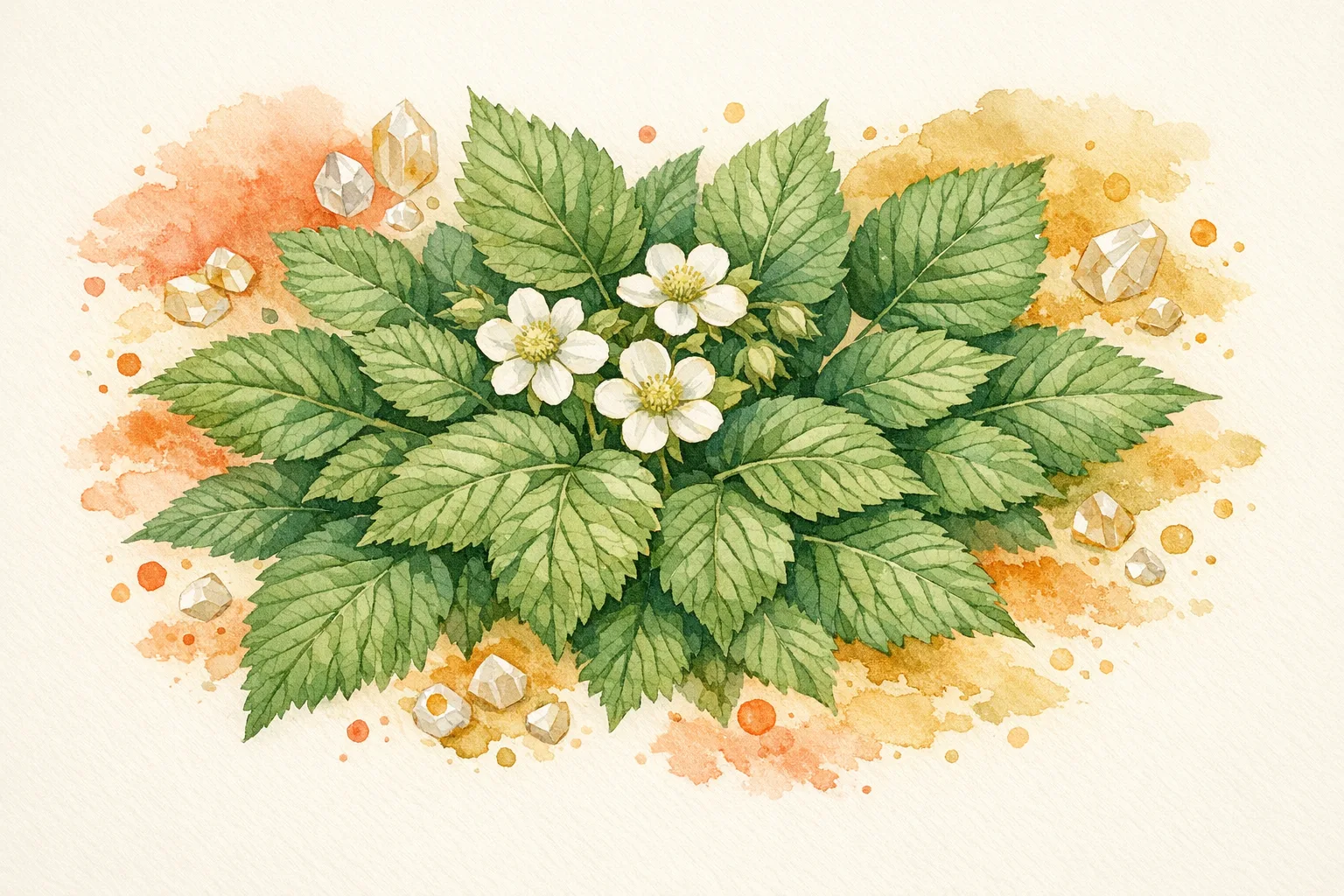 Botanical watercolor illustration of red raspberry leaves with blossoms and organic mineral and polyphenol elements radiating outward, representing the nutritional compounds inside Rubus idaeus