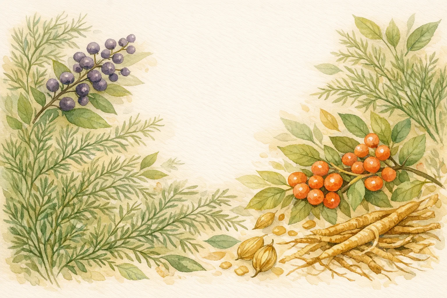 Watercolor botanical illustration of shatavari, ashwagandha, and <a href=