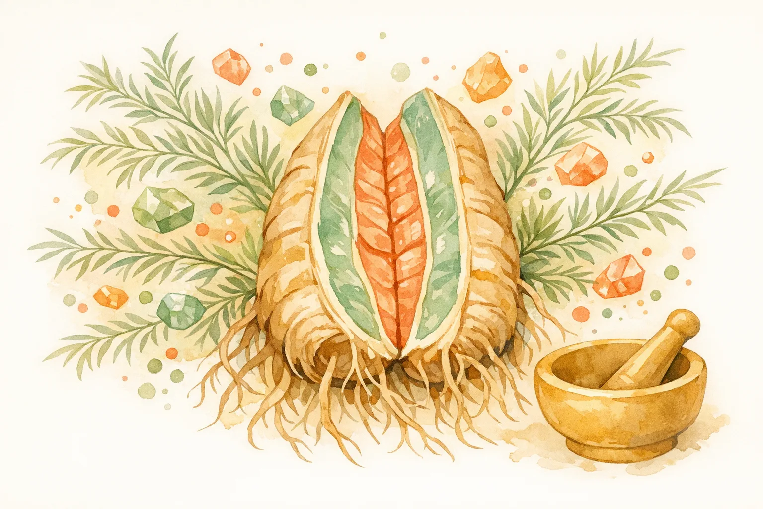 Watercolor botanical illustration of a split Shatavari root surrounded by feathery leaves and organic compound forms, rendered in sage green and coral tones in an herbalist journal style