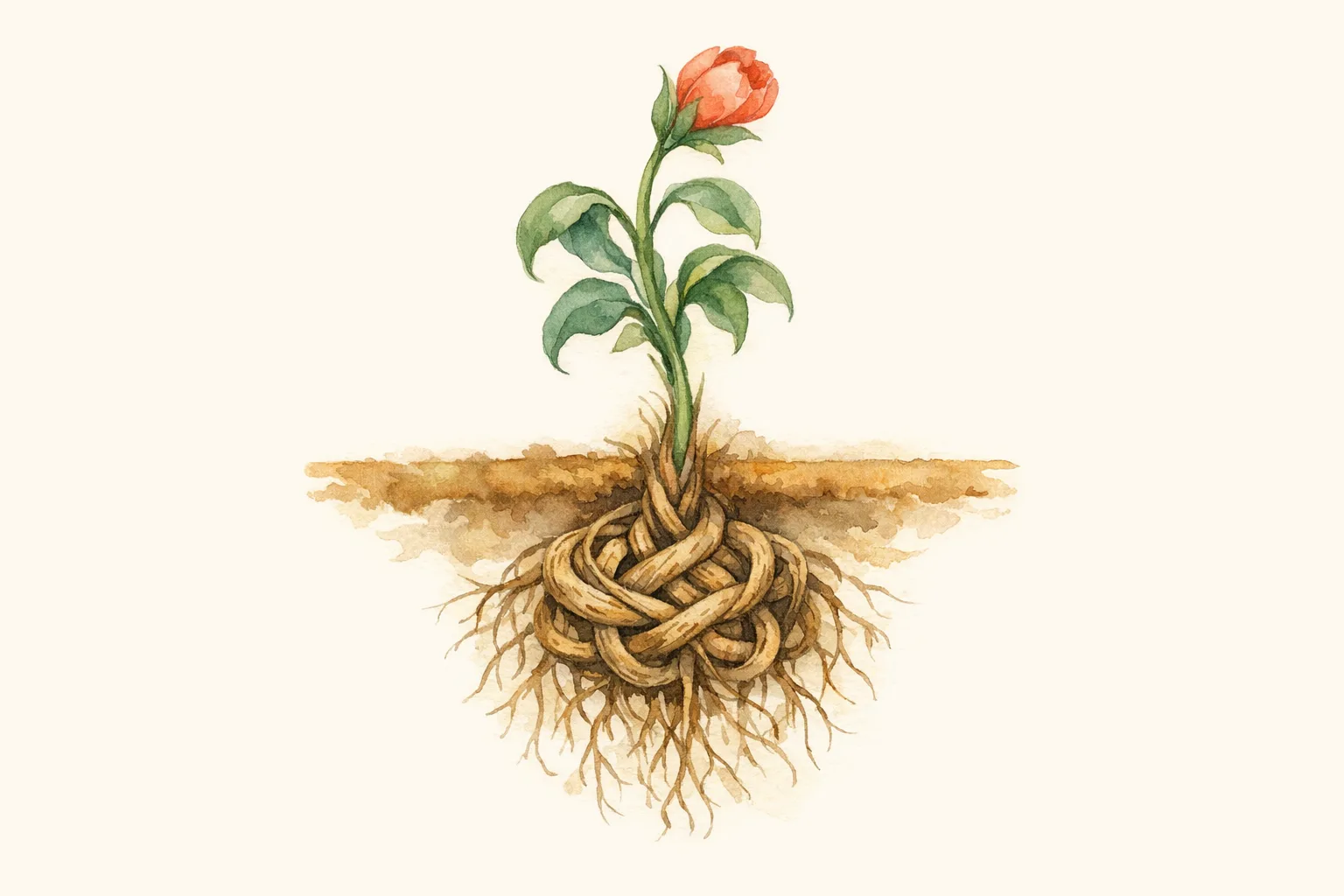 Botanical watercolor illustration of a female torso with tangled roots and wilting herbs around the midsection representing how chronic stress disrupts reproductive hormones and fertility