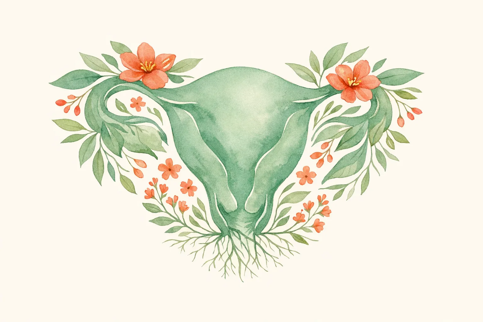Botanical watercolor illustration of an organic womb-shaped form surrounded by flowing leaves, blossoms, and root systems in sage green and warm coral, representing the uterus as a living organ connected to the body.