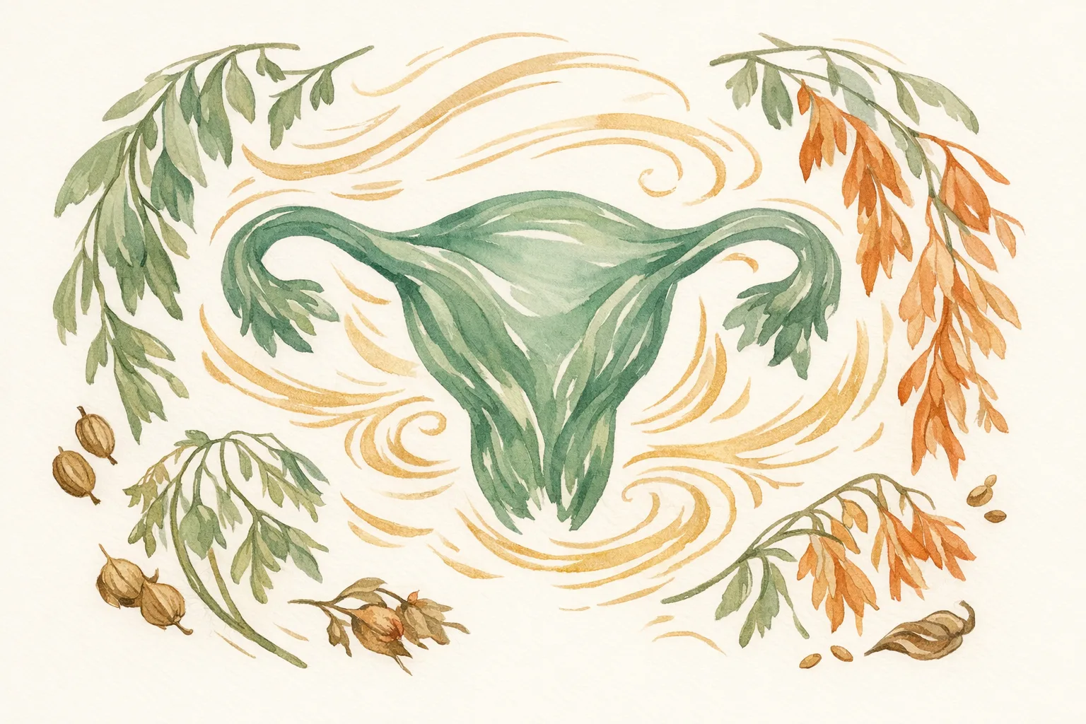 Botanical watercolor illustration of a womb-shaped organic form surrounded by wilting herbs and swirling stress motifs representing disruptions to uterine health