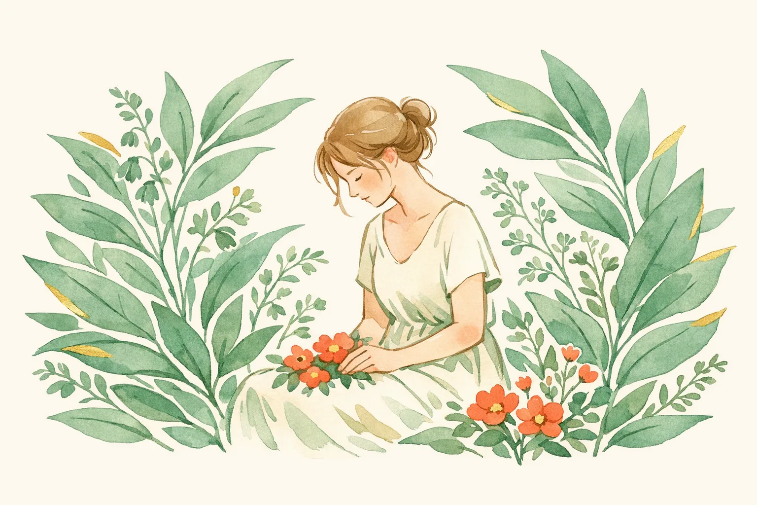 A soft watercolor illustration of a woman seated in quiet contemplation surrounded by flowing botanical leaves and coral flowers, representing the emotional weight of fertility treatment decisions
