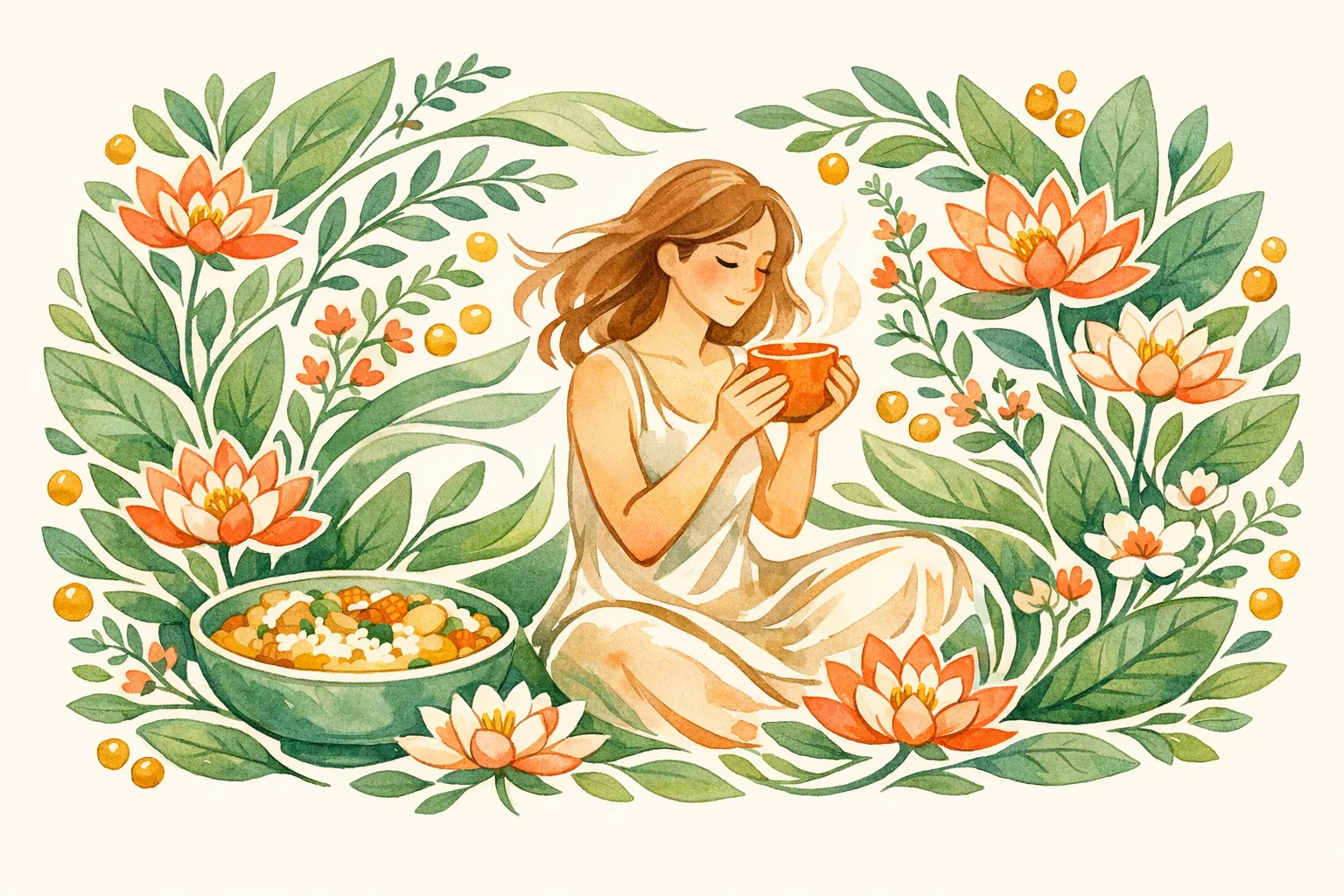 Watercolor illustration of a woman cradling a warm cup surrounded by nourishing food and botanical herbs, representing daily lifestyle steps for fertility support